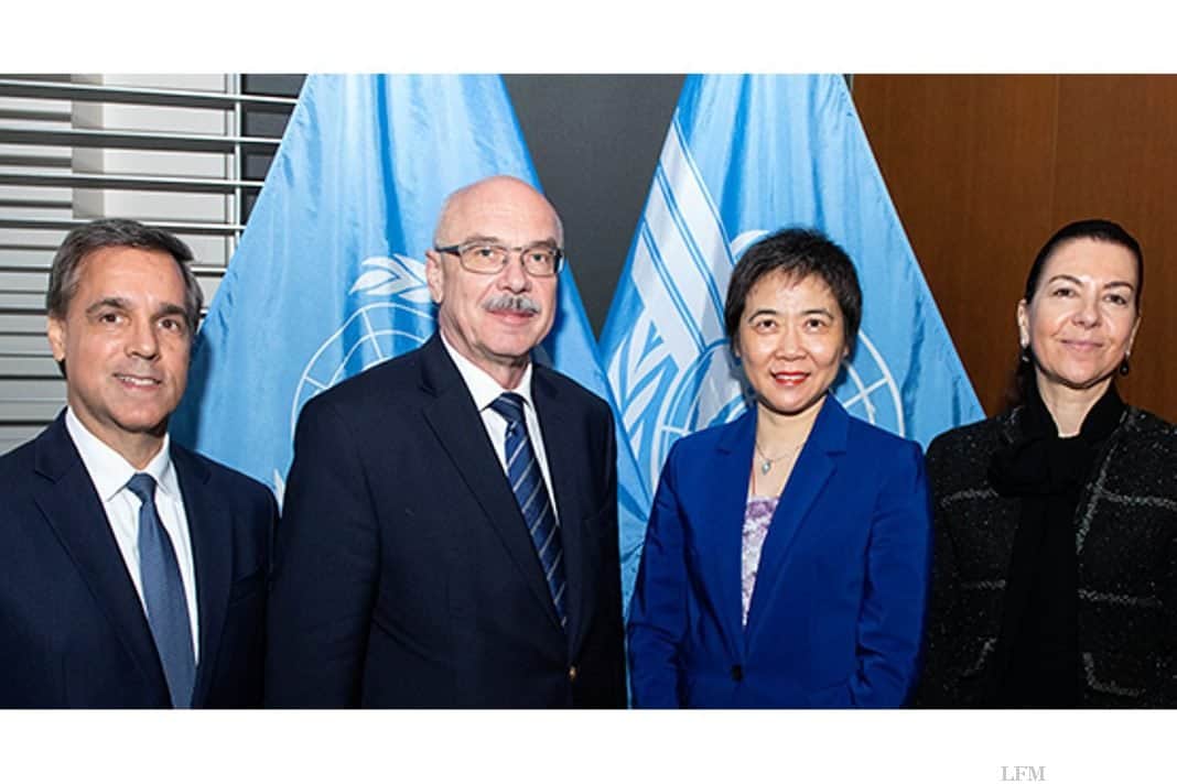 Secretary General Dr. Fang Liu mit Vladimir Voronkov (Bildmitte), Untersekretär der Antiterrorismusstelle UNOCT (UN Counter-Terrorism Office). Auch Michèle Coninsx, Executive Director des UN CTED (Counter-Terrorism Committee Executive Directorate) sowie John Brandolino, Director for Treaty Affairs