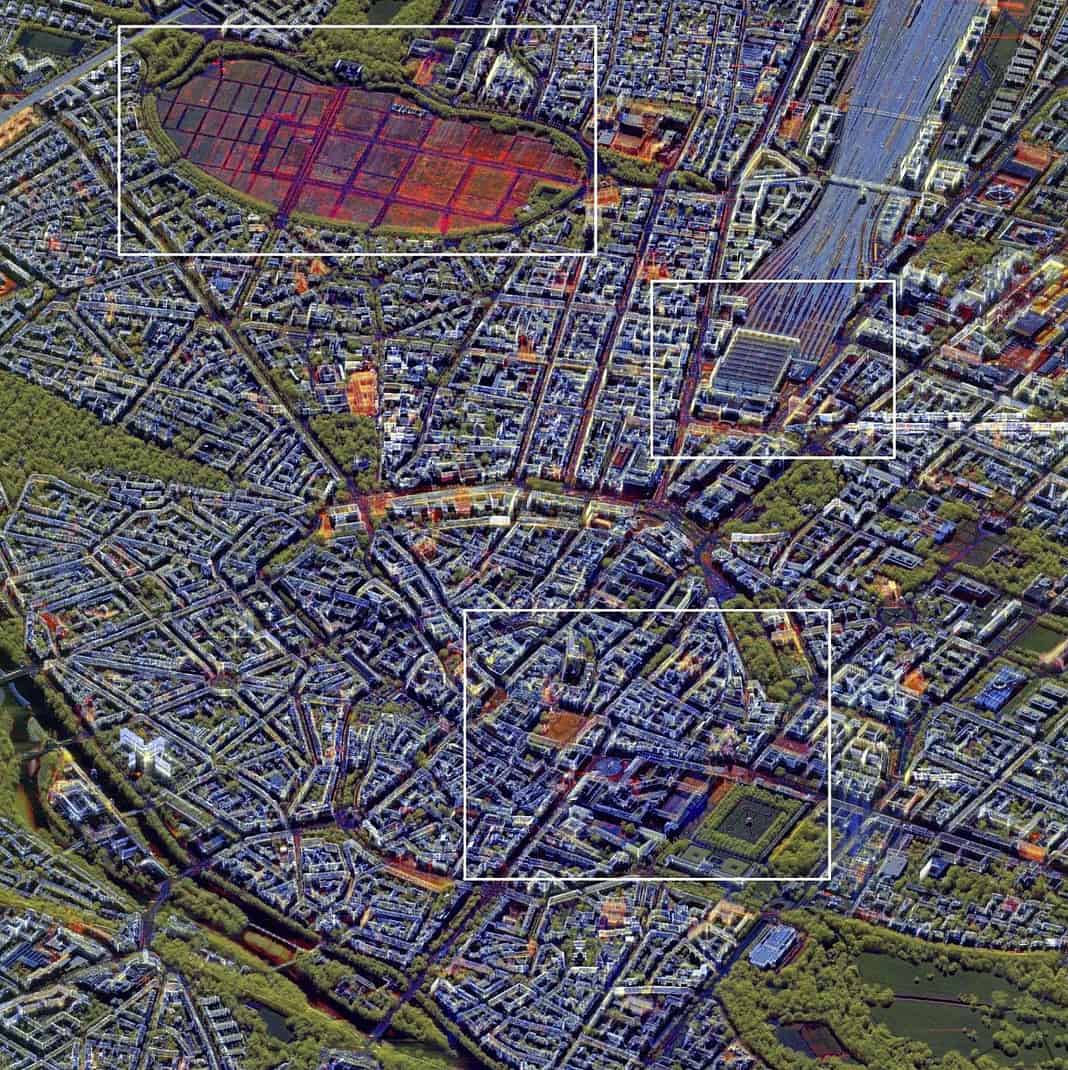 Mit RADIAN verarbeitete TerraSAR-X-Zeitserie über München: Mit RADIAN zu einem Falschfarbenbild verarbeitete TerraSAR-X Zeitserie über München, aufgebaut aus 50 Aufnahmen über ein Jahr. Rot: Über den Zeitraum sich verändernde Strukturen; Grün: Vegetation; Blau: Statische Strukturen.