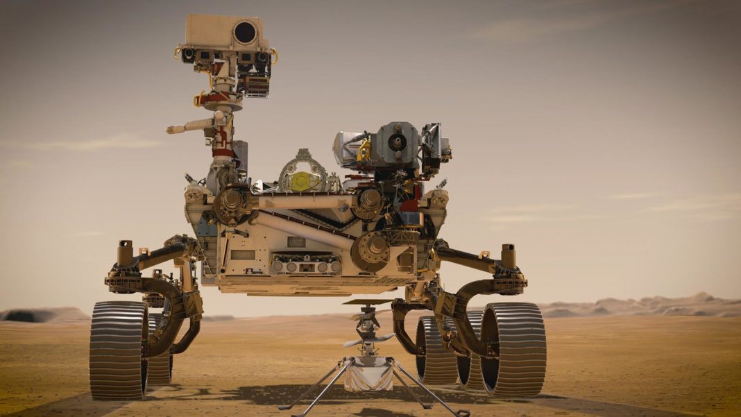 Mars-Rover “Perseverance” und Hubschrauberdrohne “Ingenuity”: Am 18. Februar 2021 landeten der Mars 2020 Rover Perseverance der NASA und der mitgeführte Marshelikopter Ingenuity im Krater Jezero. Perseverance ist der komplexeste Rover, den die NASA jemals zum Mars geschickt hat. Ingenuity, ein Technologieexperiment, ist das erste Luftfahrzeug, das einen kontrollierten Flug auf einem anderen Planeten versuchen wird. Die 50 cm hohe Helikopterdrohne ist an der Unterseite von Perseverance angebracht und wird von dort auf dem Boden abgesetzt, ehe Perseverance auf einige Meter Distanz wegrollen und die Flugdemonstration mit den Roverkameras verfolgen wird.