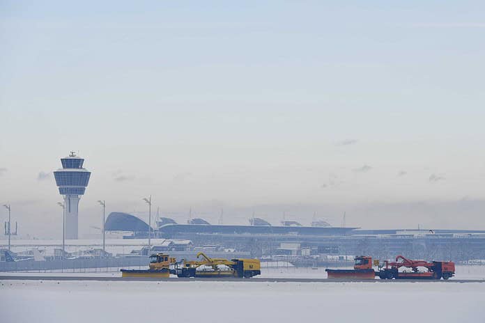 Winter service in freezing rain at Munich Airport.