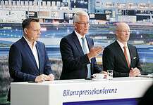 Fraport Bilanzpressekonferenz Q3/9M 2024: (vlnr.) Jürgen Harrer Leiter der Unternehmenskommunikation, Dr. Stefan Schulte Vorsitzender des Vorstands, Prof. Dr. Matthias Zieschang Vorstand Controlling und Finanzen