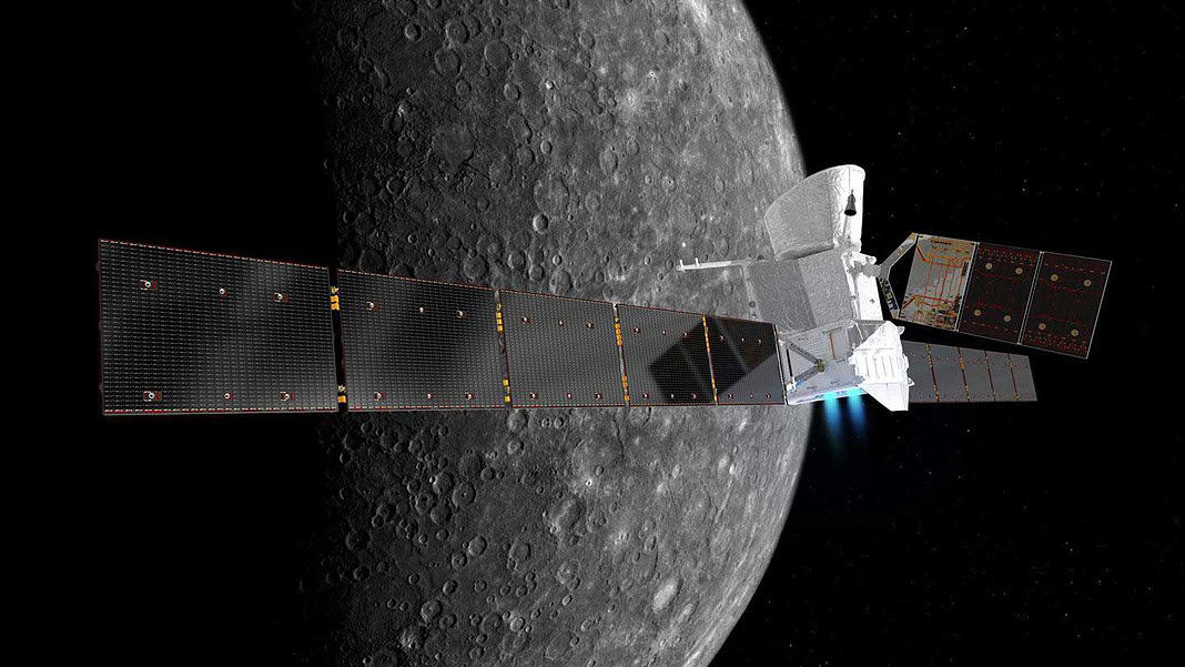 Künstlerische Darstellung des BepiColombo Merkurorbiters vor Merkur