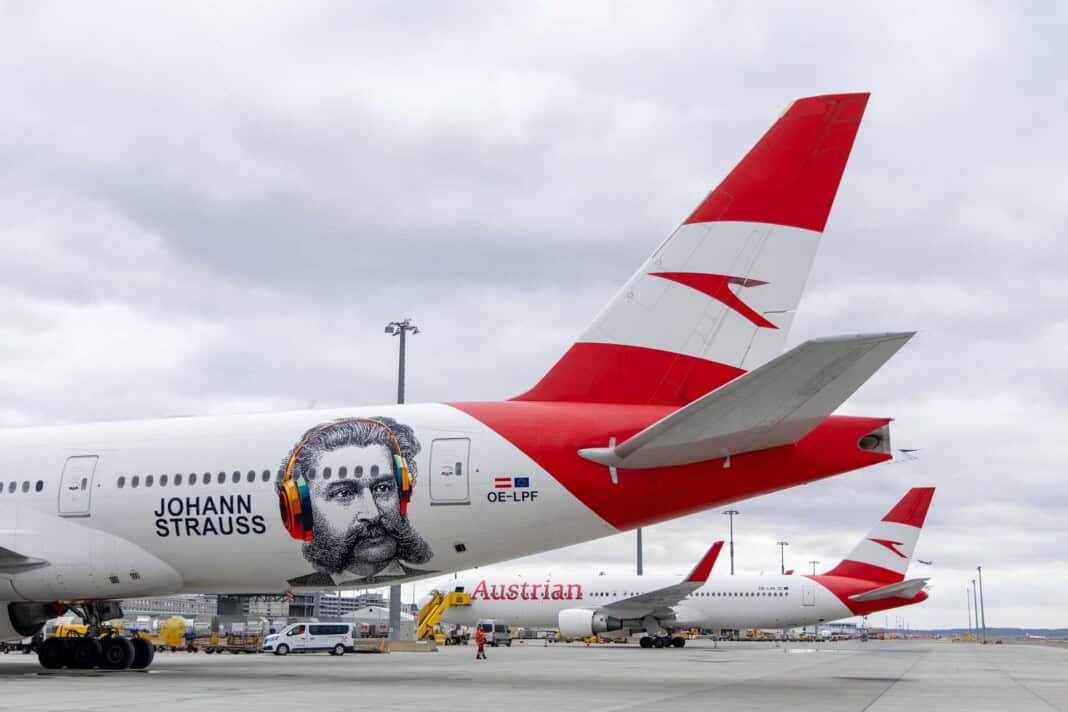 Austrian Airlines Boeing 777 with special decals to mark the 200th birthday of Johann Strauss 