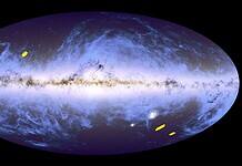 Euclid Deep Fields: The graphic shows the position of the Euclid Deep Fields (yellow). These provide particularly deep insights into regions of our universe. The overall view of the sky is an overlay of the star map from the European Space Agency's (ESA) Gaia probe from 2018 and the dust map from ESA's Planck probe from 2014. The sky is shown in the galactic coordinate system, with the bright horizontal band corresponding to the plane of our Milky Way galaxy, where the majority of its stars are located.   