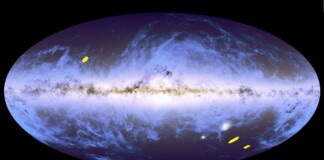 Euclid Deep Fields: The graphic shows the position of the Euclid Deep Fields (yellow). These provide particularly deep insights into regions of our universe. The overall view of the sky is an overlay of the star map from the European Space Agency's (ESA) Gaia probe from 2018 and the dust map from ESA's Planck probe from 2014. The sky is shown in the galactic coordinate system, with the bright horizontal band corresponding to the plane of our Milky Way galaxy, where the majority of its stars are located.   