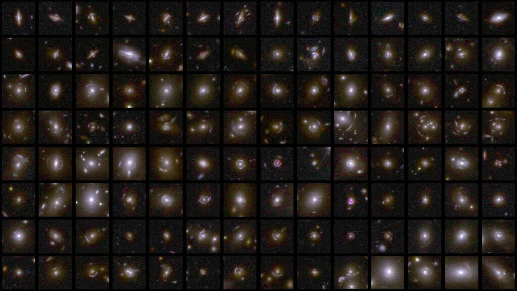 Gravitational lensing captured by Euclid: This image shows examples of gravitational lensing captured by Euclid during observations of the depths of the universe. Light from distant galaxies is bent and distorted by normal and dark matter in the foreground. Studying these lenses can help explore the distribution of dark matter in the universe.  